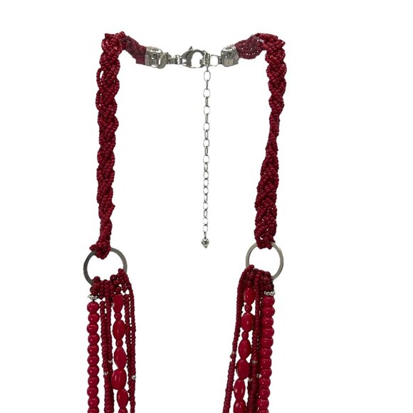 CHICO'S Red Long Beaded Necklace Multi Strand Silver Boho Braided Statement - Picture 3 of 7
